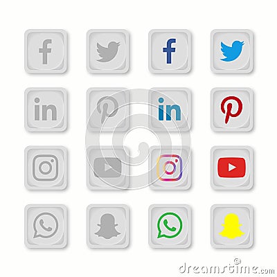 Collection of Social Media Buttons Designed in Neumorphic Style Flat Vector Vector Illustration