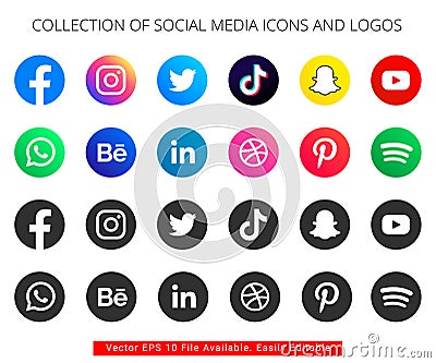 Collection of social media icons and logos Vector Illustration