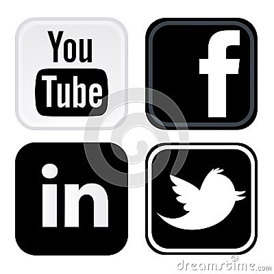Facebook, twitter, youtube, linkedin logo printed on white paper. Editorial Stock Photo