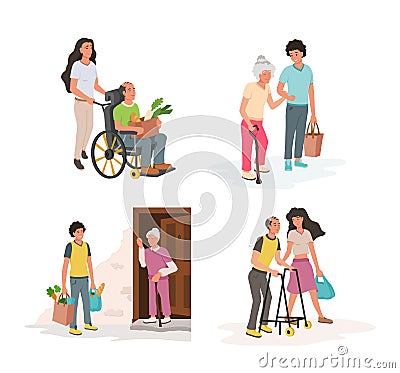 Collection social workers taking care about seniors people vector isometric illustration Vector Illustration