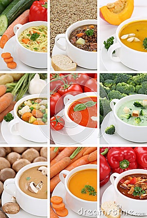 Collection of soups soup in bowl tomato vegetable noodle closeup Stock Photo