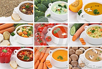 Collection of soups soup in cup tomato vegetable noodle closeup Stock Photo