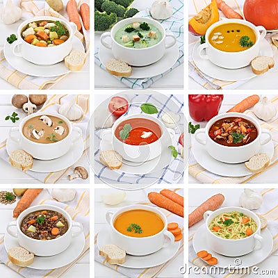 Collection of soups soup tomato vegetable noodle with baguette h Stock Photo