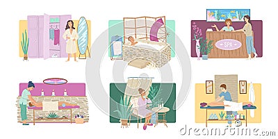 Collection of spa scenes, body massage and relaxation, health restoration in a salt bath, beauty massage treatments, a Vector Illustration