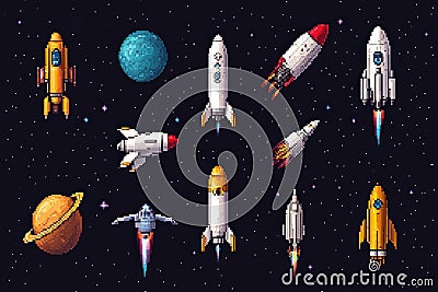 Space Pixel Art Game Asset Collection: Planets, Rockets, Starcraft, Vector Font, Pixelated Buttons, Navigation, Power Ba Stock Photo