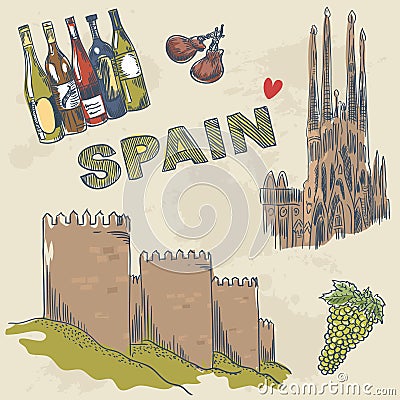 Collection of Spanish sightseeings and objects Vector Illustration