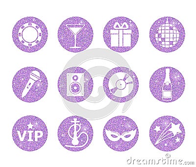 A collection of sparkling violet glitter stylized fancy night club and party circle icons. Music, sound, drink, hookah, disco ball Vector Illustration