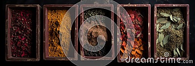 A collection of spices in different colors, in the style of a fames cape collage, dark orange and dark red and yellow and greed Stock Photo