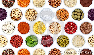 Collection of spices and herbs vegetables nuts background from a Stock Photo