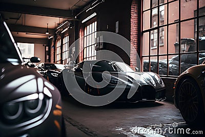 Collection of sport generic and unbranded cars in a garage, ai generative illustration Cartoon Illustration