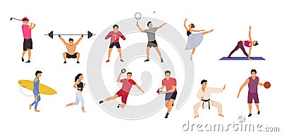Collection sport people on a white background. Concept, tennis, yoga, karate, basketball, rugby, handball, ballerine Vector Illustration