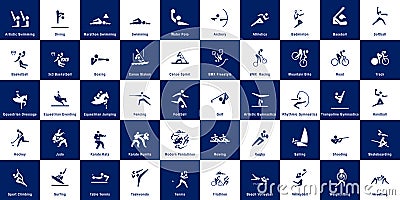 Collection of 50 sport pictograms on blue and white background Vector Illustration