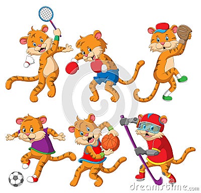 The collection of the sporty tiger playing the different sport Vector Illustration