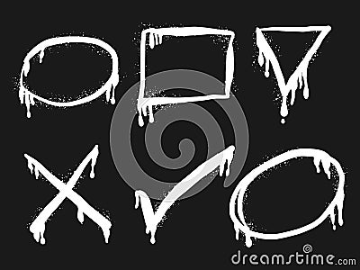 Collection of Spray painted graffiti check mark, triangle, circle and rectangle sign in white over black Vector Illustration