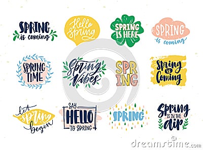 Collection of spring slogans or phrases written with creative fonts and decorated by springtime natural elements. Set of Vector Illustration