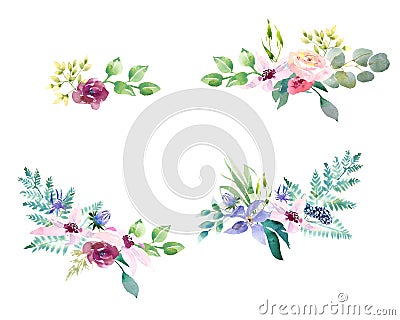 Collection spring Wedding romanric watercolor bouquet. Hand drawing watercolor blue pink and purple flowers ornament Stock Photo
