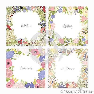 Collection of square card templates with various season names and frames made of beautiful wild blooming flowers Vector Illustration