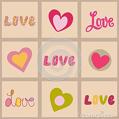 Collection of square cards with hand drawn different shape heart. Checkered seamless pattern. Vector Illustration