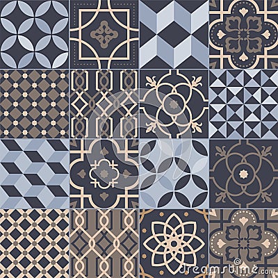Collection of square ceramic tiles with various geometric and traditional oriental patterns. Set of decorative ornaments Vector Illustration