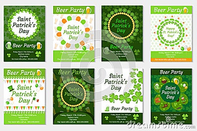 Collection of St. Patrick`s Day invitation, poster, flyer. Beer Party set a template for your design with clover Vector Illustration