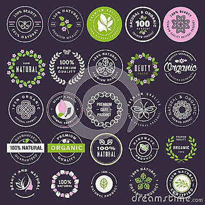 Collection of stickers and badges for natural cosmetics and beauty products Vector Illustration