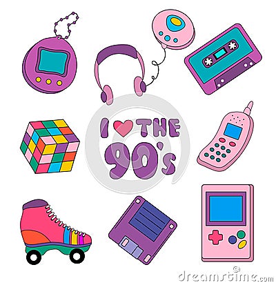 Collection of stickers, icons in 90s style. Tetris, tamagotchi, cassette, player, roller skates, rubik cube, diskette, phone. Vector Illustration
