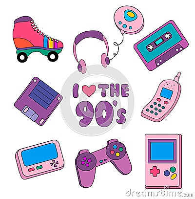 Collection stickers, icons in 90s style. Vintage tetris, pager, joystick, cassette, player, roller skates, diskette, phone. Vector Illustration