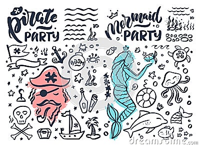 Collection stickers of pirates and mermaids. The icons are vector illustration Vector Illustration