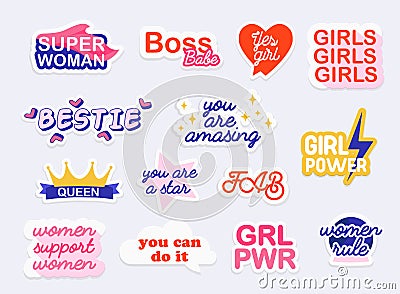 Collection of stickers with woman slogans. Feminism. Girl power Vector Illustration