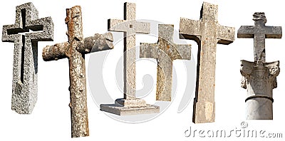 Collection of Stone Religious Crosses Isolated on White Background Stock Photo