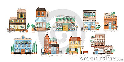 Collection of stores, shops, cafe, restaurant, bakery, coffee house isolated on white background. Bundle of buildings on Vector Illustration