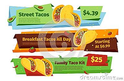 Collection street tacos sale discount horizontal banner place for text isometric vector illustration Vector Illustration