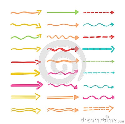 Collection of strikethrough multi colored underlines. different doodle colorful dotted and wavy lines. Horizontal hand Vector Illustration