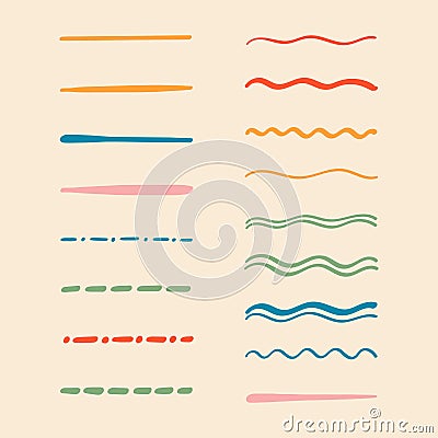 Collection of strikethrough multi colored underlines. different doodle colorful dotted and wavy lines. Horizontal hand Vector Illustration