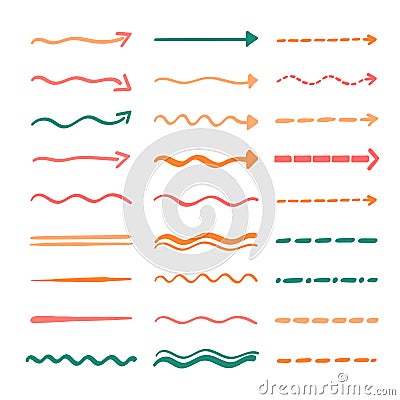 Collection of strikethrough multi colored underlines. different doodle colorful dotted and wavy lines. Horizontal hand Vector Illustration
