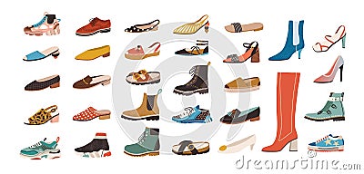 Collection of stylish elegant shoes and boots of different types isolated on white background. Bundle of trendy casual Vector Illustration