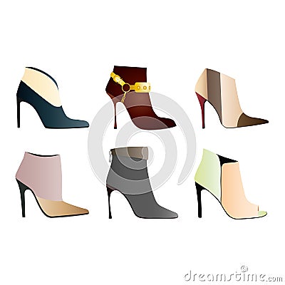 Collection of stylish elegant shoes and boots of different types isolated on white background. Bundle of trendy women`s footwear. Vector Illustration