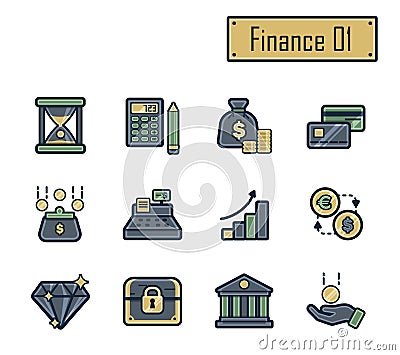 A collection of stylish modern flat icons with thick dark outlines for finance, banking and accounting. For web Vector Illustration