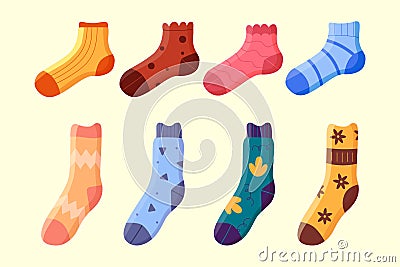 A collection of stylish socks of different textures. Sock collection. Vector Illustration