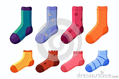 A collection of stylish socks of different textures. Sock collection. Vector Illustration