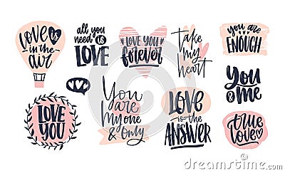 Collection of stylish Valentine`s day lettering handwritten with elegant cursive font. Romantic phrases, slogans Vector Illustration