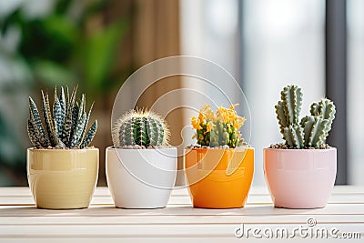 Collection of succulent cactus plants in different colorful pots. Various potted house plants on white shelf at home Stock Photo