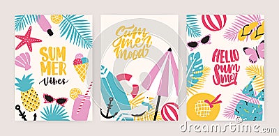 Collection of summer card or flyer templates with decorative summertime lettering and tropical exotic paradise beach Vector Illustration