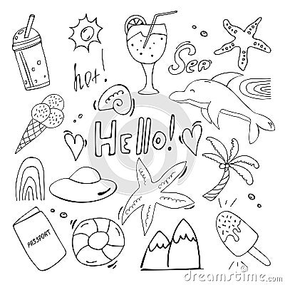 A collection of summer doodles - sea creatures, ice cream, hand lettering, cocktail, beach In outlinbe Vector Illustration