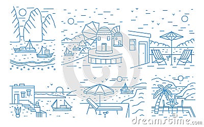 Collection of summer landscapes with sea or ocean, mountains, sailing yachts and seaside resort drawn with contour lines Vector Illustration