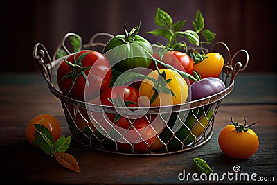 A collection of summer squash, eggplants, and cucumbers in a colorful wire basket, ready to be grilled Stock Photo