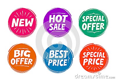 Collection symbols such as Special offer, Hot sale, Best price, New. Icons Vector Illustration