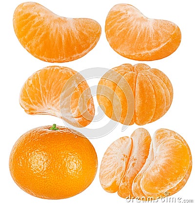 Collection of tangerine. Slices and cut of citrus fruit isolated on white background. Tangerine, mandarin, clementine. Stock Photo
