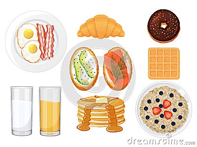 Collection of tasty breakfast on a white background. Sandwiches, eggs, waffle, pancake, porridge. Isolated object on a white Vector Illustration