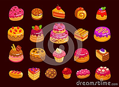 Collection tasty decorated sweet desserts and candies. Cakes and pastries icon set. Cartoon vector illustration Vector Illustration